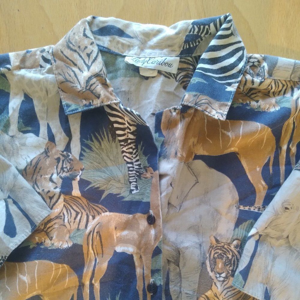 Vintage Lady Caribou Jungle Animal Zebra Elephant Tiger Hawaiian Shirt
